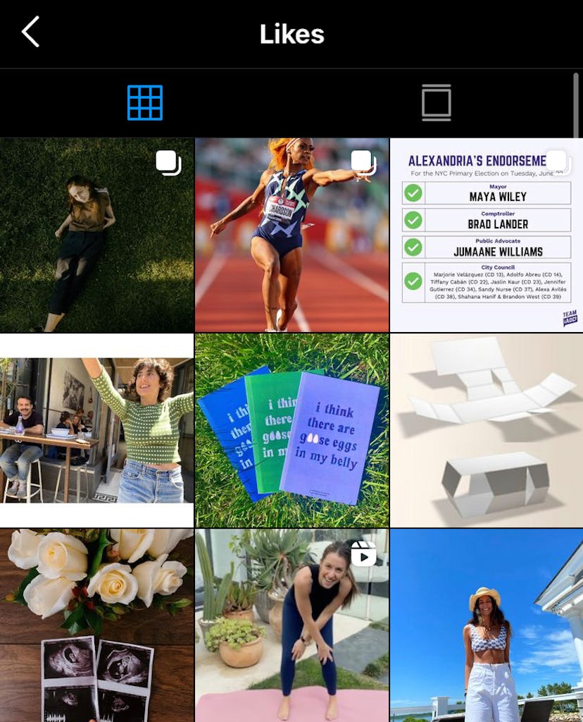 A screenshot of Instagram's Likes page, where you can find the 300 most recent posts you've liked.