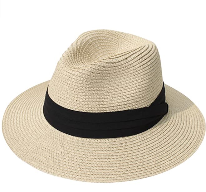 Lanzom Wide-Brim Straw Fedora Sun Hat With UPF50+