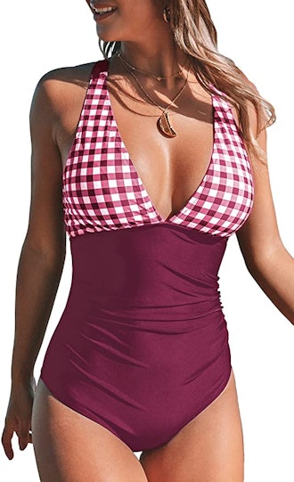 CUPSHE Women's One Piece V Neck Cross Back Vintage Swimwear Bathing Suit