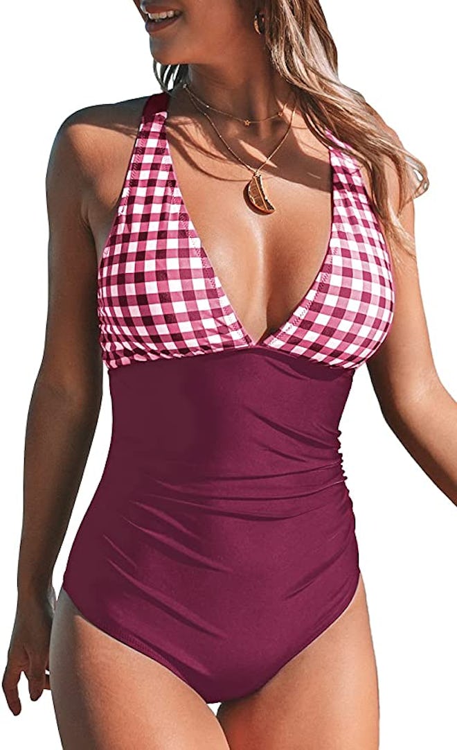 CUPSHE Women's One Piece V Neck Cross Back Vintage Swimwear Bathing Suit