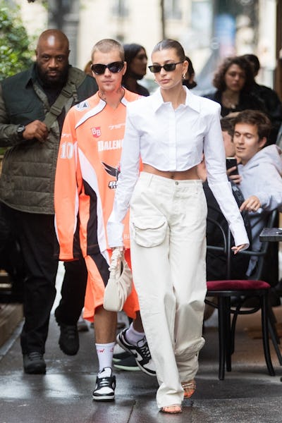 Hailey Bieber carrying a JW Pei bag while in Paris.