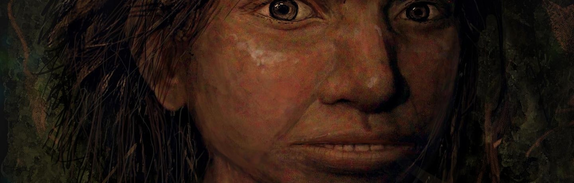 This image shows a portrait of a juvenile female Denisovan based on a skeletal profile reconstructed...