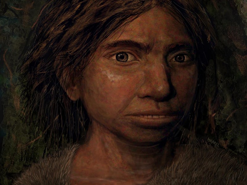 This image shows a portrait of a juvenile female Denisovan based on a skeletal profile reconstructed...