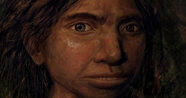 This image shows a portrait of a juvenile female Denisovan based on a skeletal profile reconstructed...