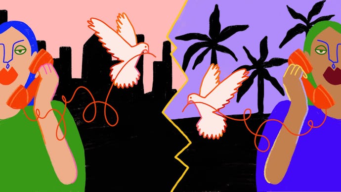 Two people talking on phones that are attached to messenger doves.