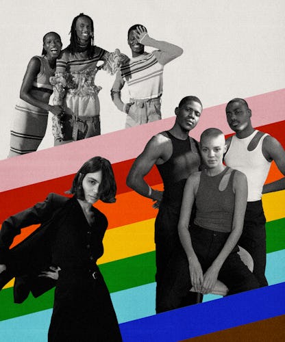 Seven queer designers posing in front of rainbow-colored background