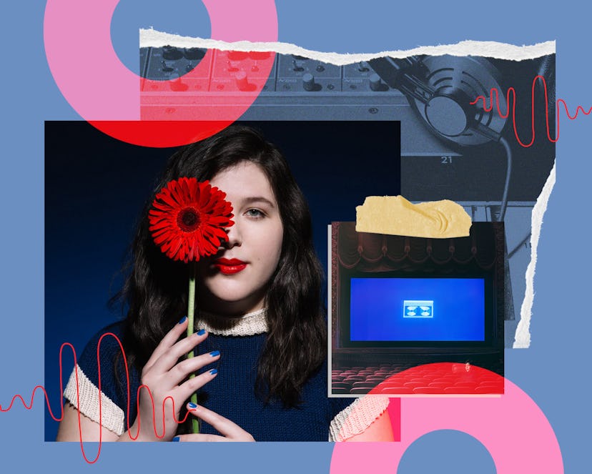 Lucy Dacus, with red lipstick and blue nails holding red flower in front of her right eye, feeling n...