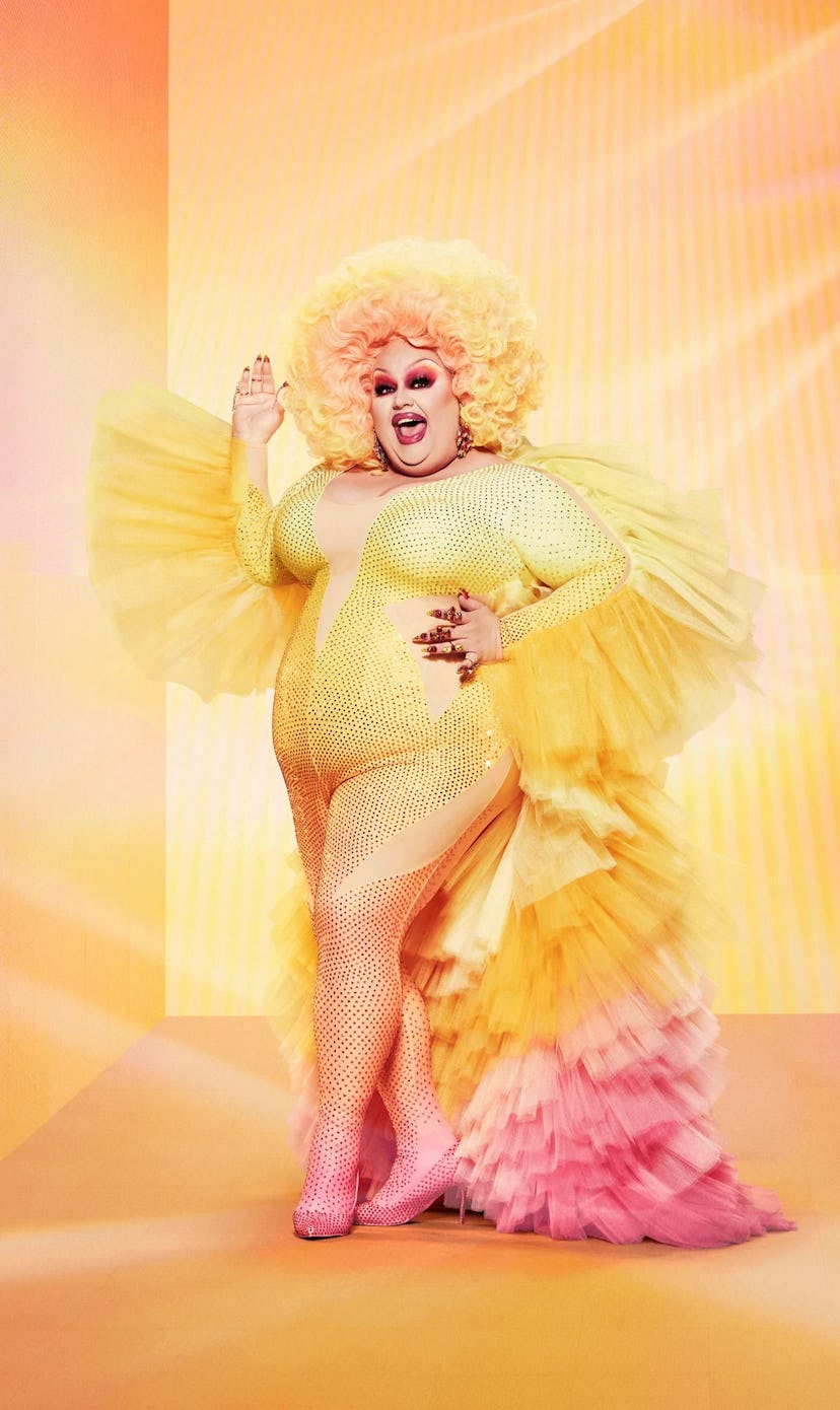 Eureka from RuPaul's Drag Race All Stars 6 in a yellow-pink tulle outfit