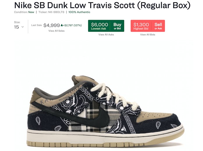 StockX listing for Nike SB Dunk Low Travis Scott (Regular Box)