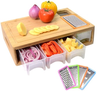 Comellow Bamboo Cutting Board with Containers, Lids, and Graters