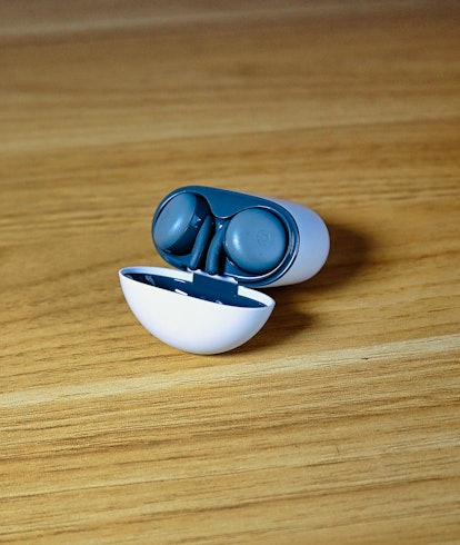 Pixel Buds A-Series inside open case. Earbuds. Google. Audio. Headphones. Product review.