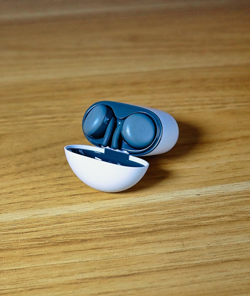 Pixel Buds A-Series inside open case. Earbuds. Google. Audio. Headphones. Product review.