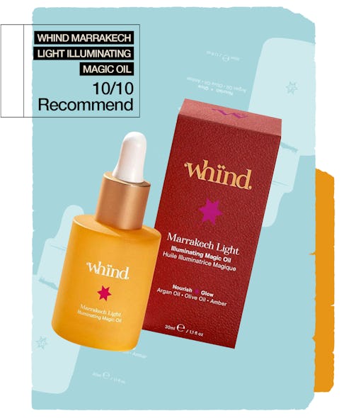 A collage with Whind's Marrakesh Light Face Oil and its 10/10 review