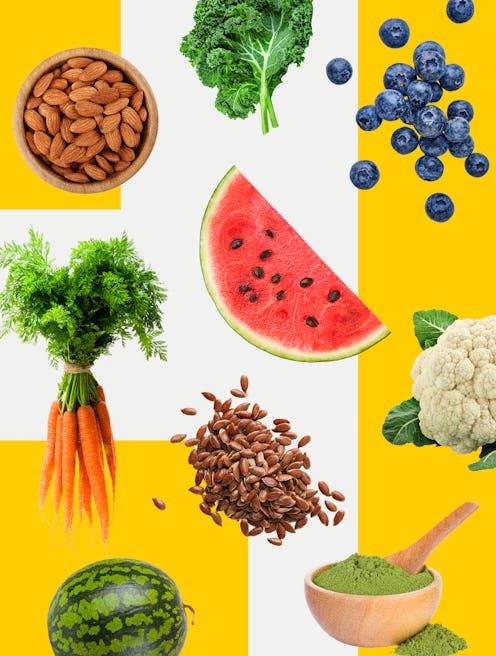 A collage with foods for sun protection