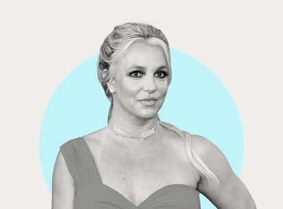 Britney Spears seen posing for the camera, in black and white on a blue background