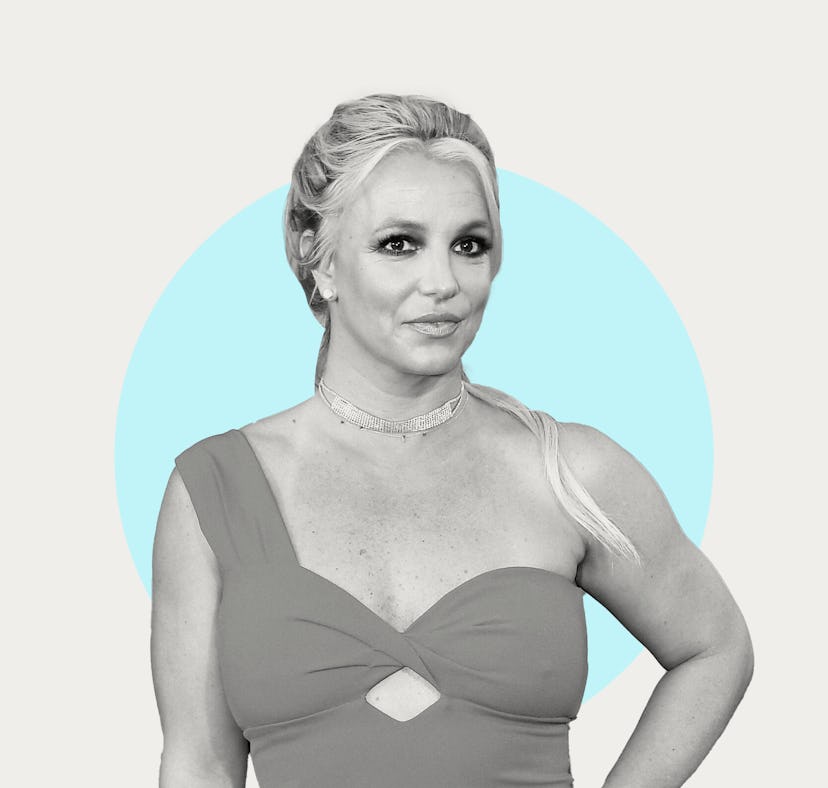 Britney Spears seen posing for the camera, in black and white on a blue background