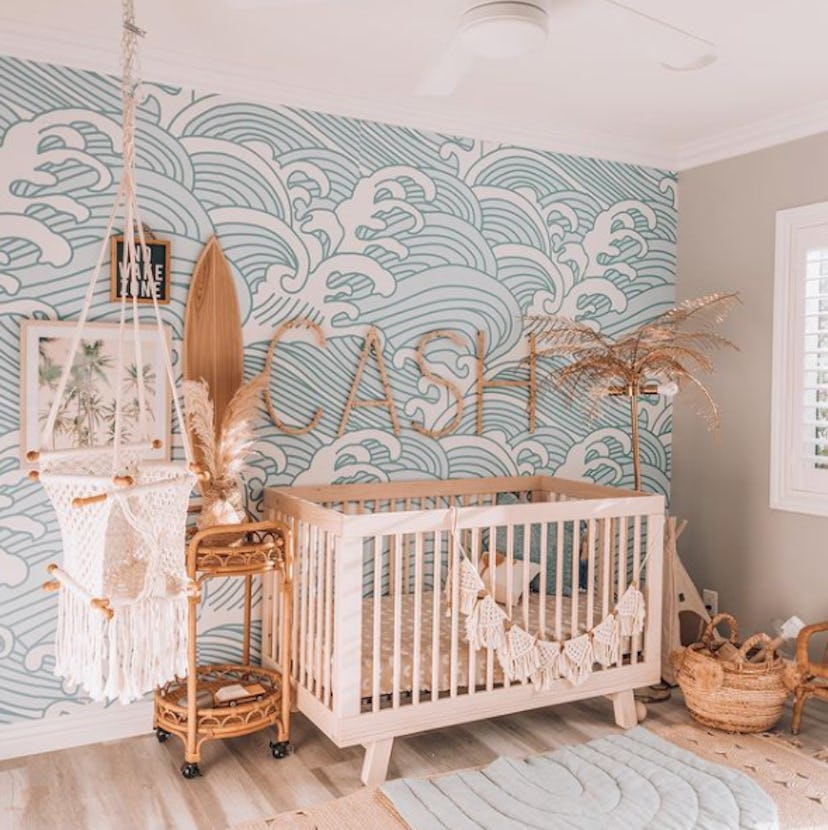 A beach-themed baby nursery room