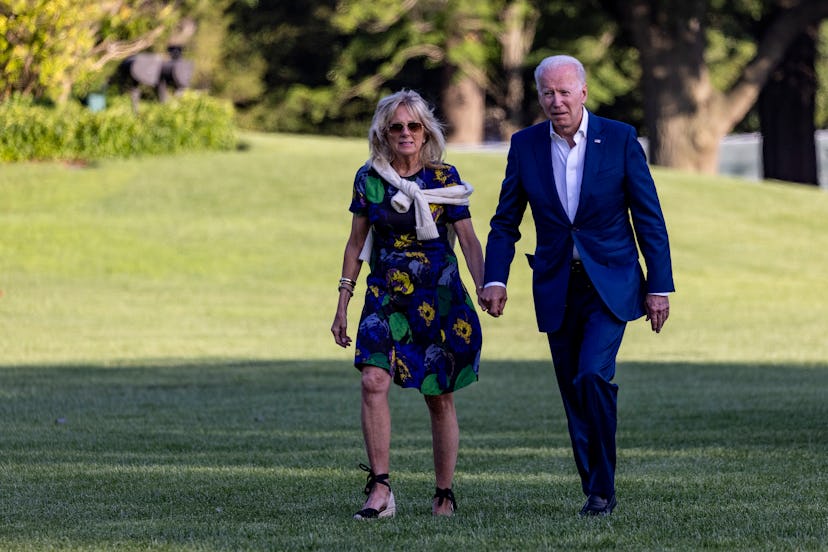 First lady Jill Biden walk on the south lawn of White House on June 27, 2021 in Washington, DC. The ...