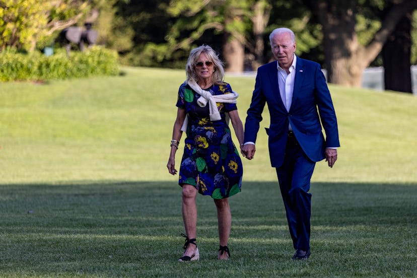 First lady Jill Biden walk on the south lawn of White House on June 27, 2021 in Washington, DC. The ...