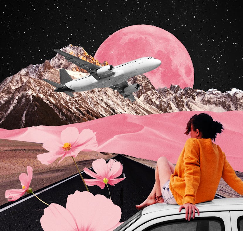 Young woman looking up at a plane, wondering the best day for her to travel in fall 2021, according ...