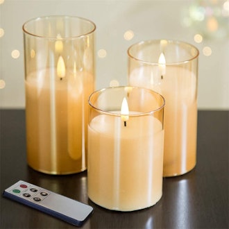 Eywamage Gold Glass Flickering Flameless Candles (Set of 3)