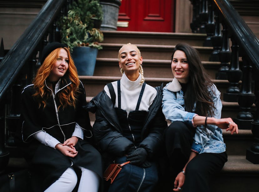 3 friends sitting on a stoop in NYC in need of a caption for a friends group photo, squad quotes, sq...