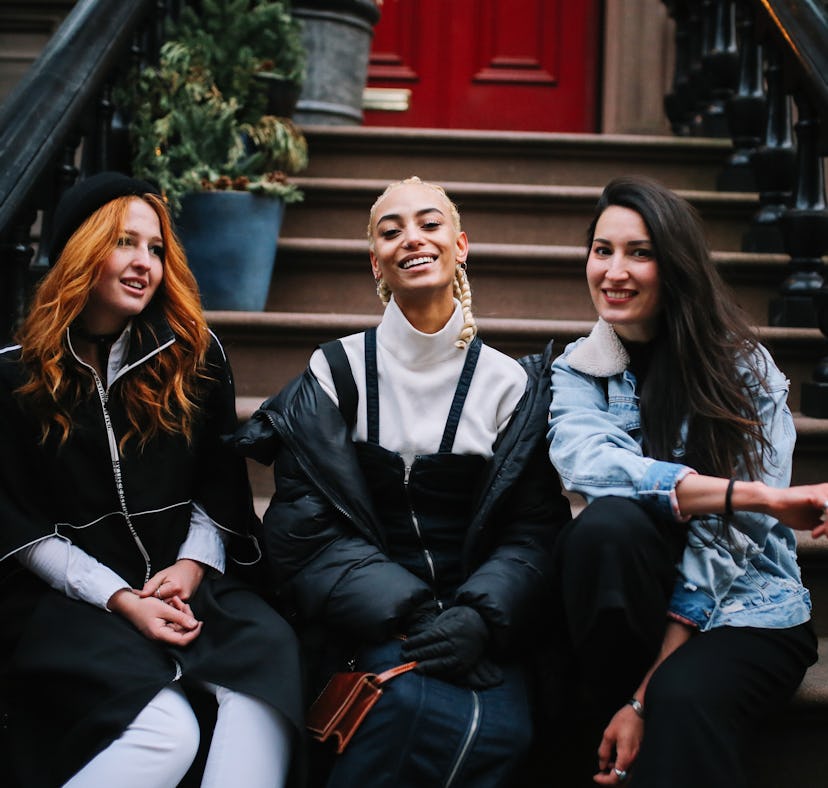 3 friends sitting on a stoop in NYC in need of a caption for a friends group photo, squad quotes, sq...