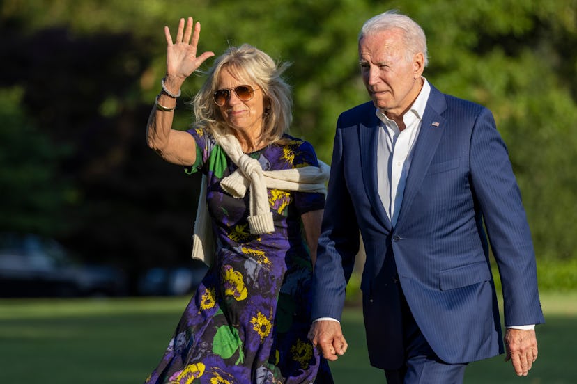President Joe Biden and first lady Jill Biden walk on the south lawn of White House on June 27, 2021...