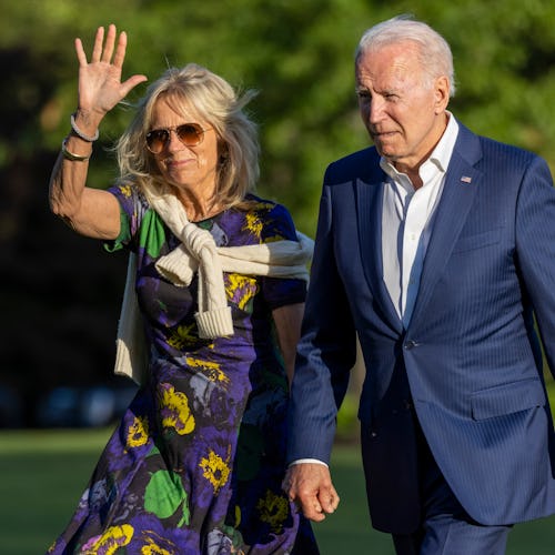 President Joe Biden and first lady Jill Biden walk on the south lawn of White House on June 27, 2021...