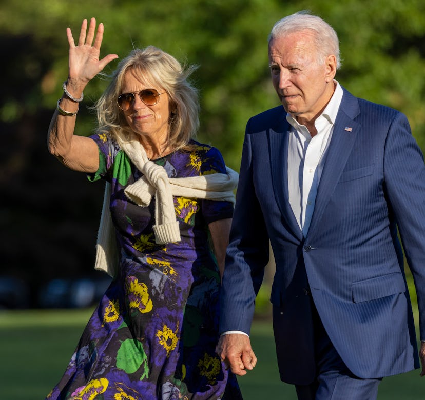 President Joe Biden and first lady Jill Biden walk on the south lawn of White House on June 27, 2021...