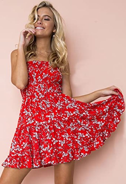 Angashion Floral Strapless Pleated Mini Tube Dress