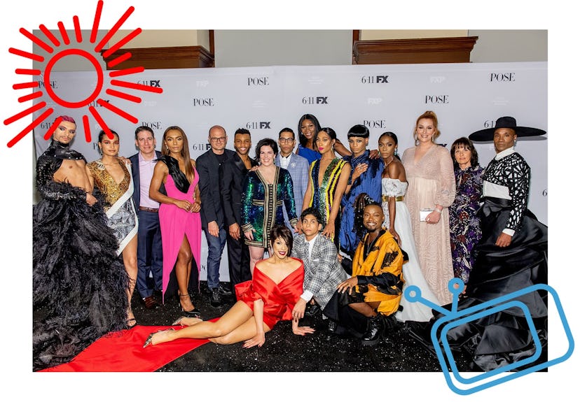 The cast of Pose take a group picture on the red carpet of a premiere event