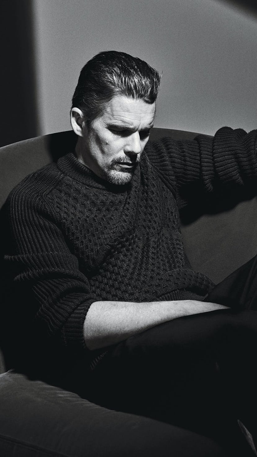 Black and white portrait of Ethan Hawke from the 'Knives Out 2' cast