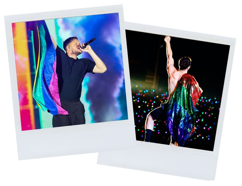Two polaroid photos of Dan Reynolds of Imagine Dragons and LOVELOUD performing on stage with a rainb...