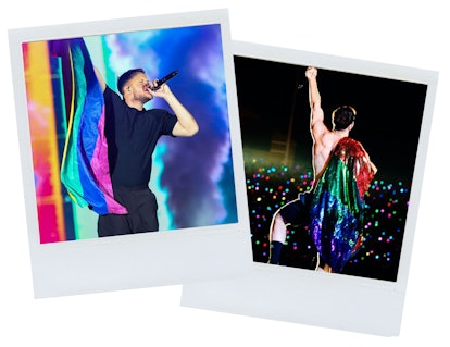 Two polaroid photos of Dan Reynolds of Imagine Dragons and LOVELOUD performing on stage with a rainb...