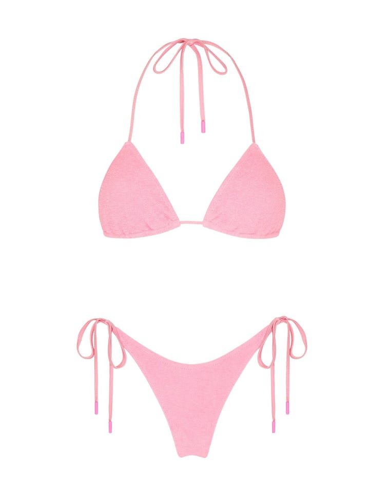 Pink Vinca bikini set in color Terry Floss, which Hailey Bieber wore on her romantic getaway to Gree...
