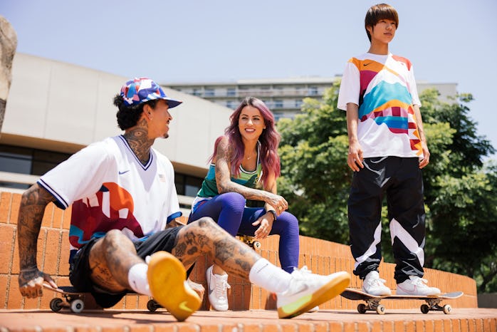 Nike SB Riders Nyjah Huston, Leticia Bufoni, and Yuto Horigome wear the Nike SB Federation Kits