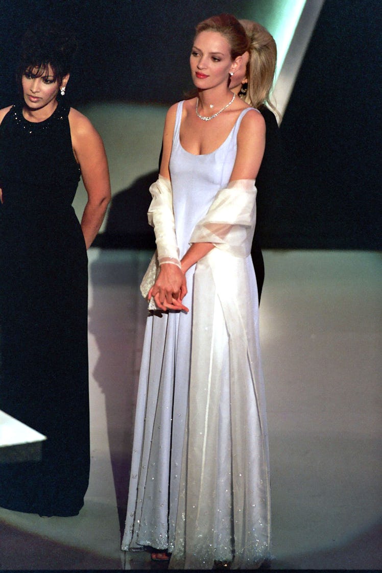 Uma Thurman in a white Prada dress