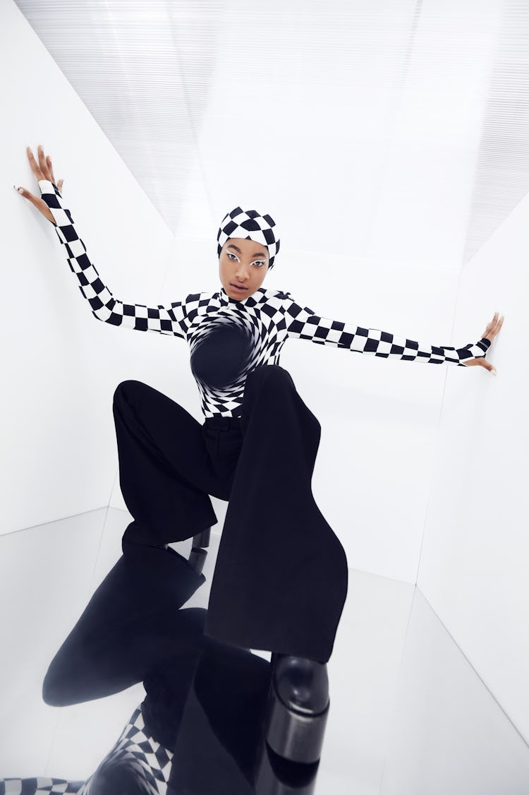 Willow Smith for NYLON wearing black and white checkered Annakiki clothing.