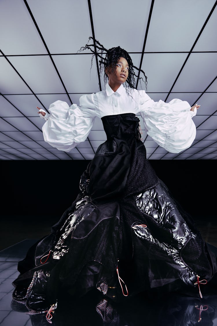 Willow Smith poses for NYLON's cover wearing a floor-length black and white Thom Browne dress.