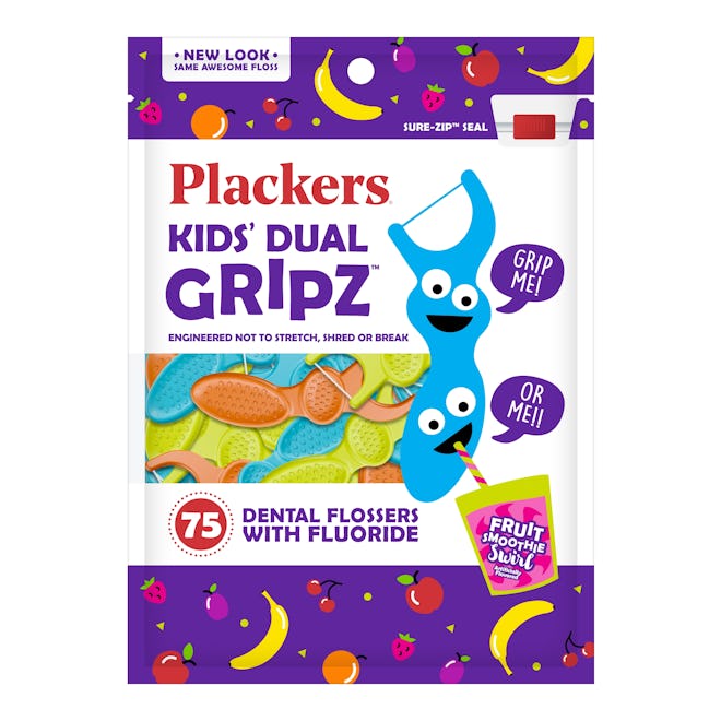 Plackers Kids Dental Floss Picks, Fruit Smoothie Swirl with Fluoride & Dual Grip, 75 Count