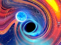 An artist's rendering of a blue neutron star and a black hole on a swirled rainbow background.