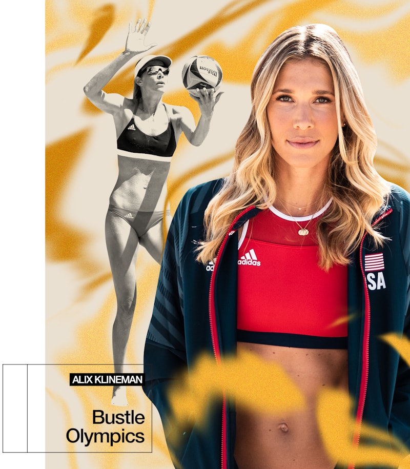 Beach volleyball player Alix Klineman posing in her US outfit next to an image of her competing
