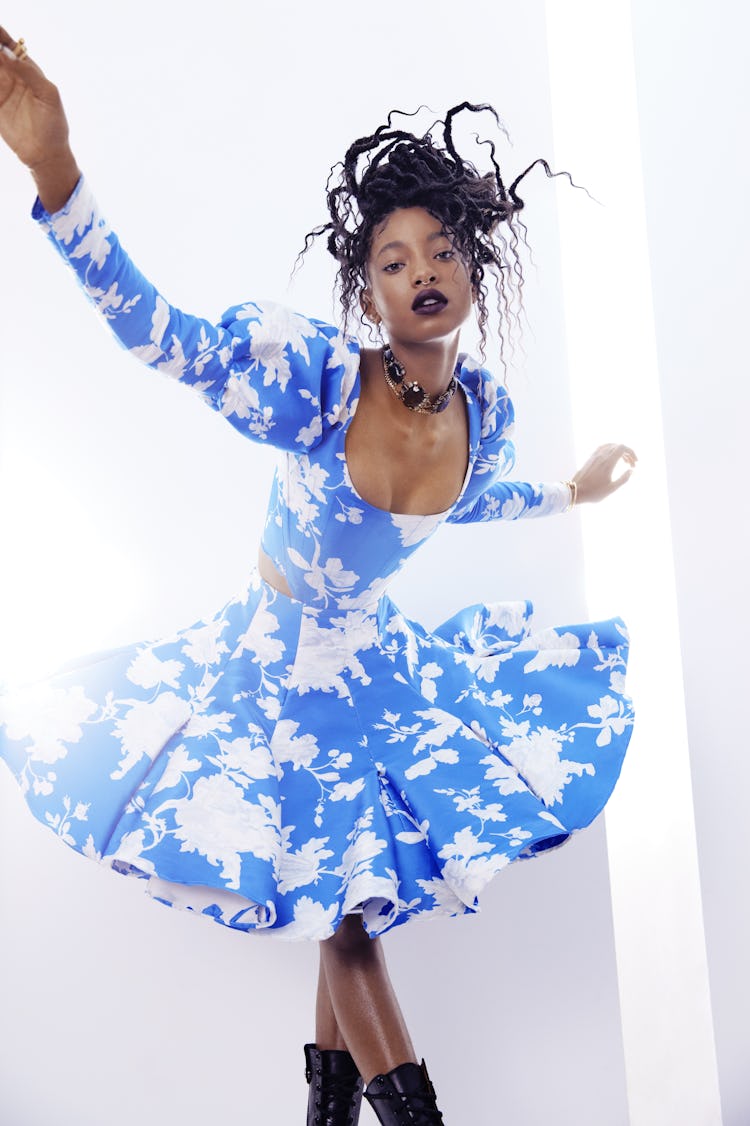 Willow Smith poses for NYLON's cover wearing a long-sleeved blue and white dress by Puppets Puppets.