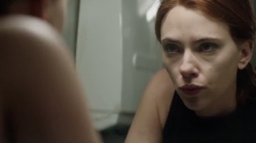 Scarlett Johansson as Black Widow preparing to go on the run in Black Widow
