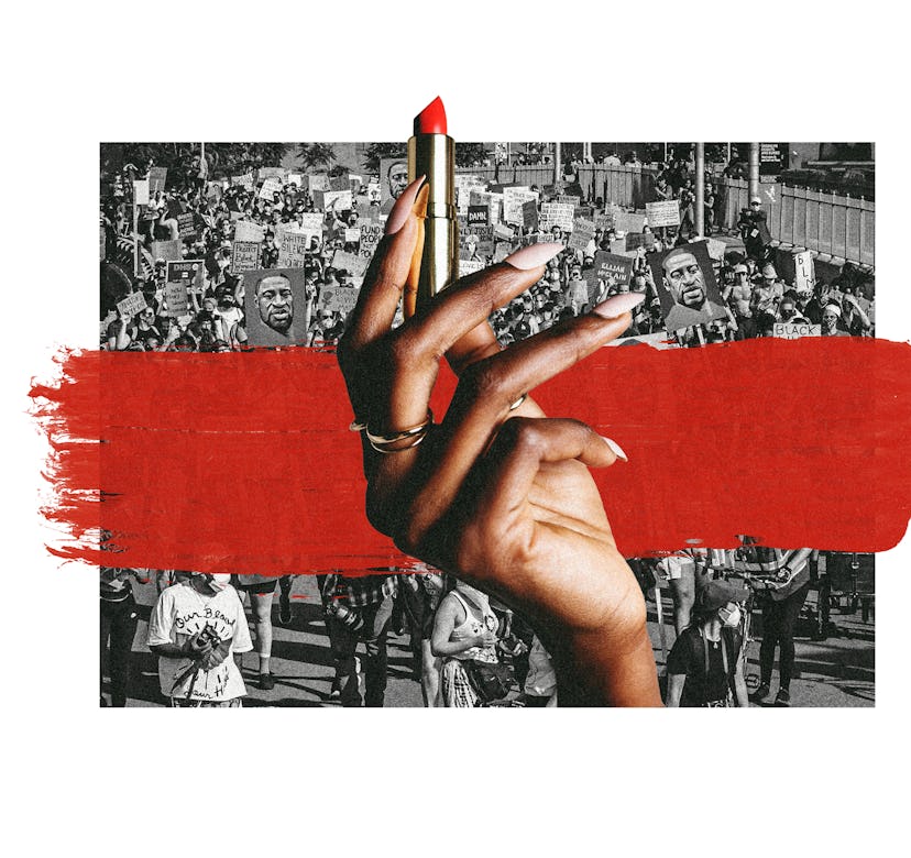 Collage of a female holding a lipstick and people protesting on a street