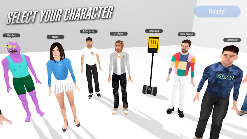 The character selection in Chair Simulator, which includes 24kGoldn, Dillon Francis, and Neeko. Vide...
