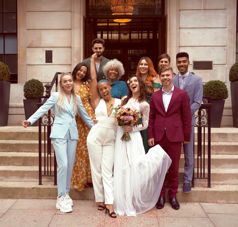 Bridal party at wedding, after texting via group chat.