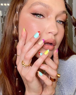 Gigi Hadid with colorful French manicure on her birthday