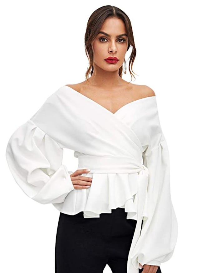 SheIn Women's Long Sleeve V Neck Ruffle Blouse